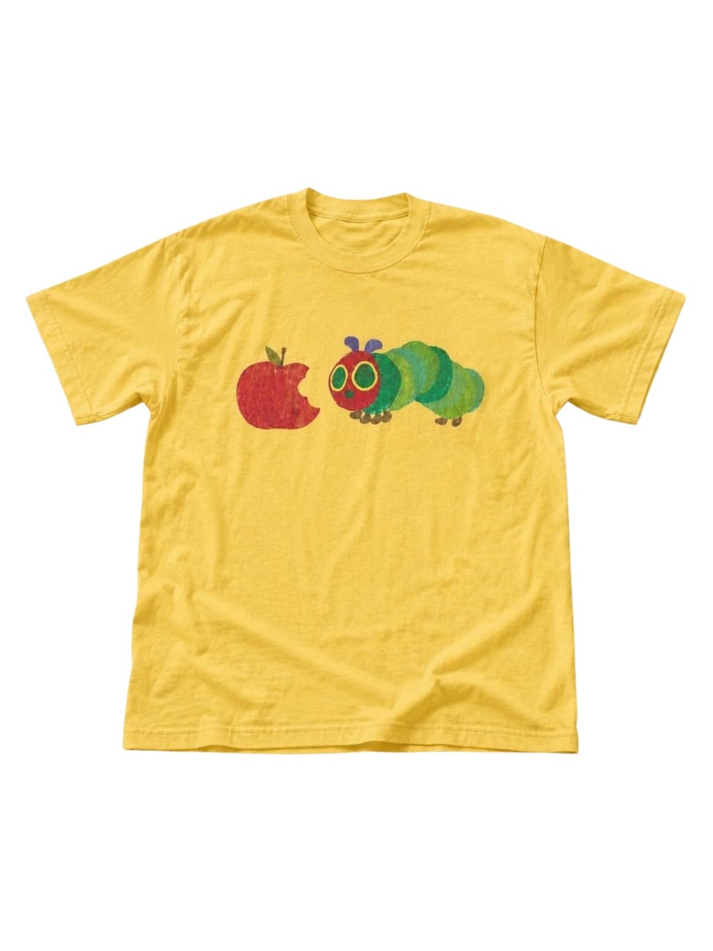 Yellow Graphic Tee with Caterpillar and Apple